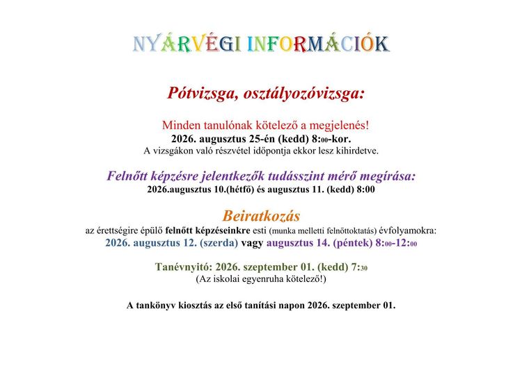 Nyári ügyelet és nyárvégi információk