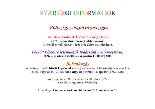 Nyári ügyelet és nyárvégi információk